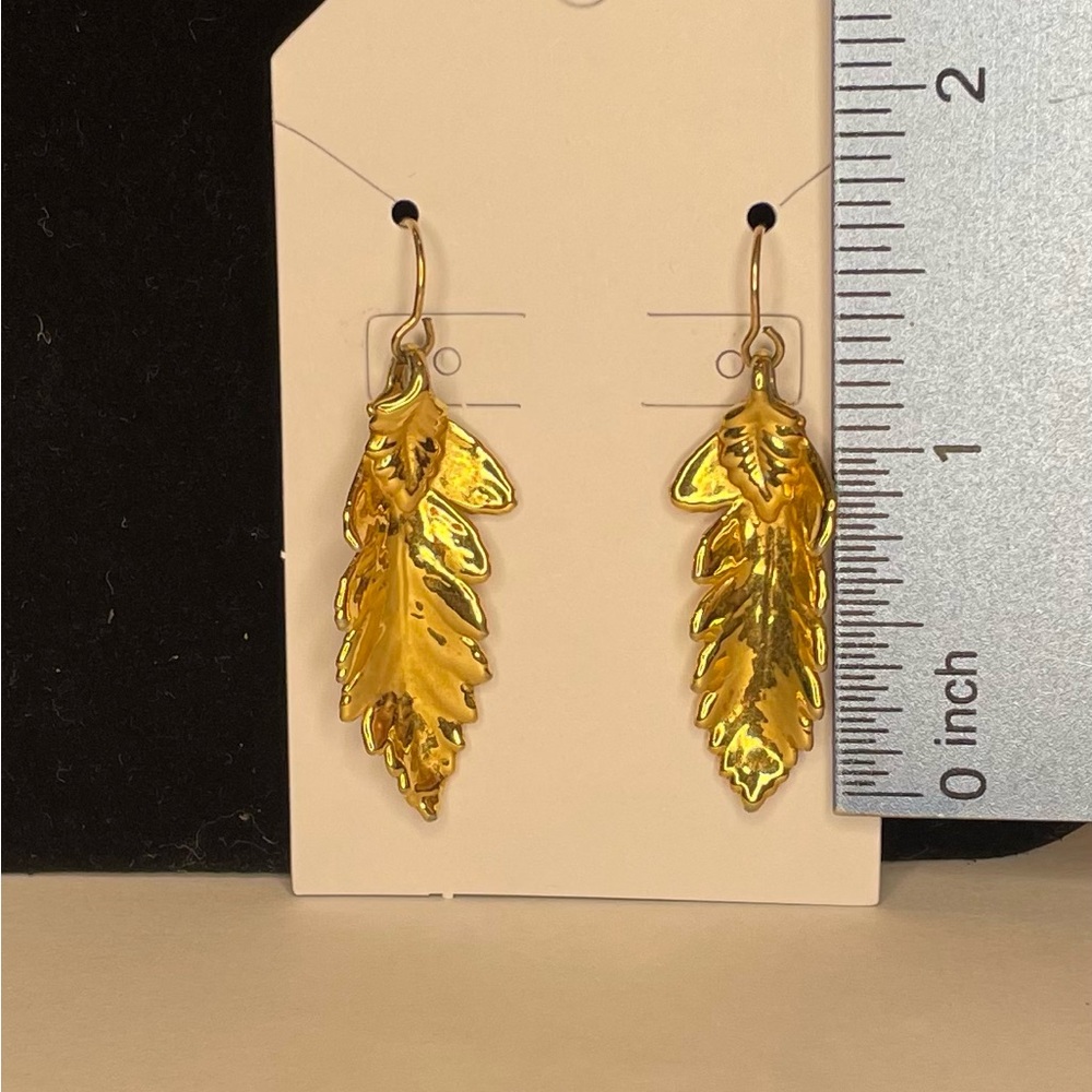 Gold Tone Leaf Dangle Earrings - Picture 4 of 4